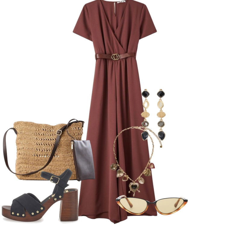 Outfit donna - Total look #2376195. Stile Casual per Tutti i giorni. Abbinamento con borse a tracolla, collane, occhiali da sole, cappelli con visiera, sandali col tacco, vestiti lunghi.