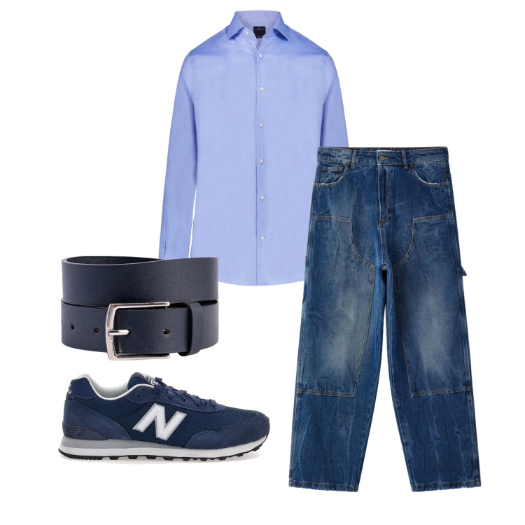 Outfit uomo - Aprile. Stile Trendy per Tutti i giorni. Abbinamento con camicie, cinture, sneakers, jeans dritti.
