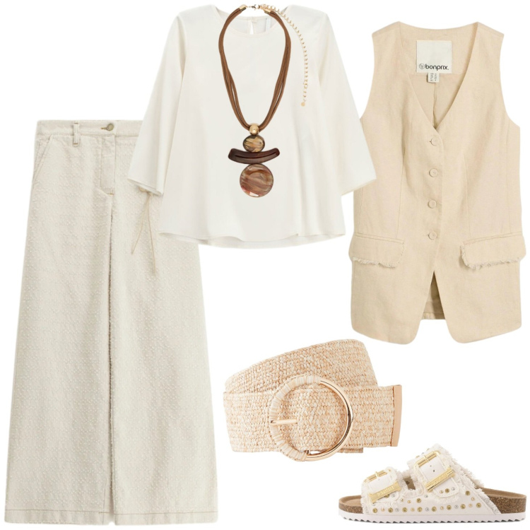 Outfit donna - Zen. Stile Boho per Tutti i giorni. Abbinamento con cinture, gilet, ciondoli, top, pantaloni a palazzo, sandali.