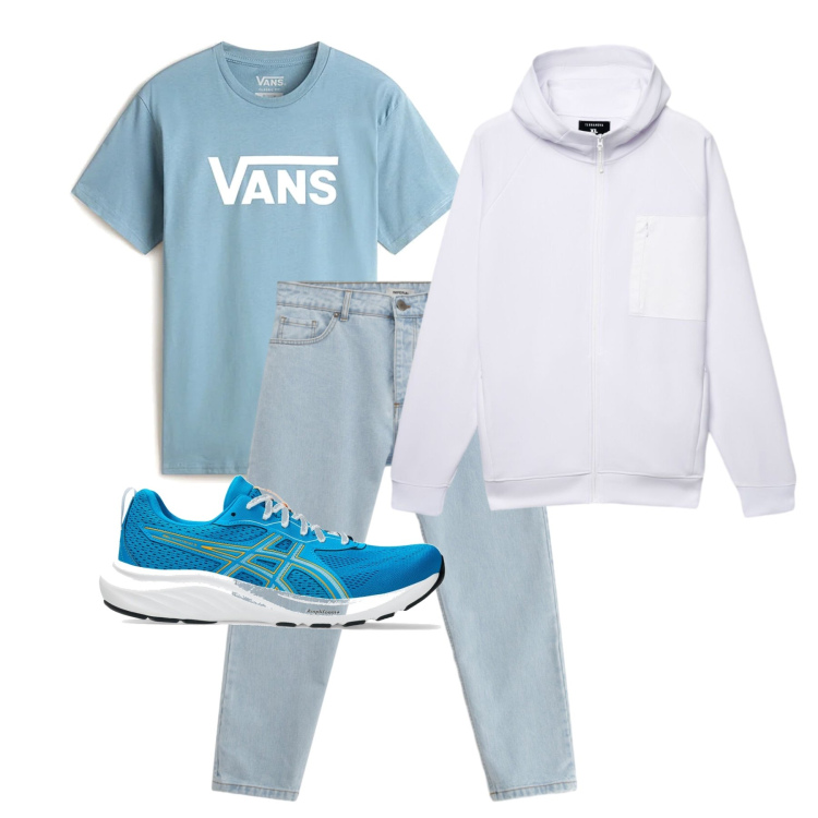 Outfit uomo - Aprile. Stile Urban per Tutti i giorni. Abbinamento con jeans, t-shirt, felpe con cappuccio, sneakers.
