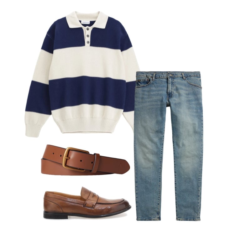 Outfit uomo - Aprile. Stile Casual per Tutti i giorni. Abbinamento con maglieria, cinture, jeans, scarpe stringate.
