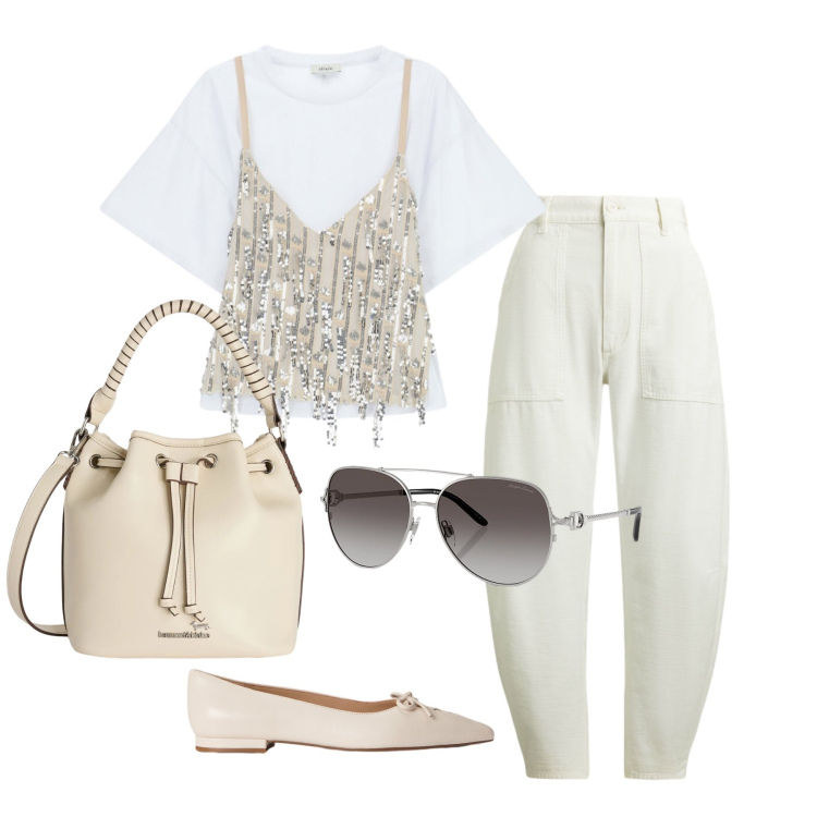 Outfit donna - Aprile. Stile Trendy per Tutti i giorni. Abbinamento con borse a secchiello, top, occhiali da sole, pantaloni, ballerine.