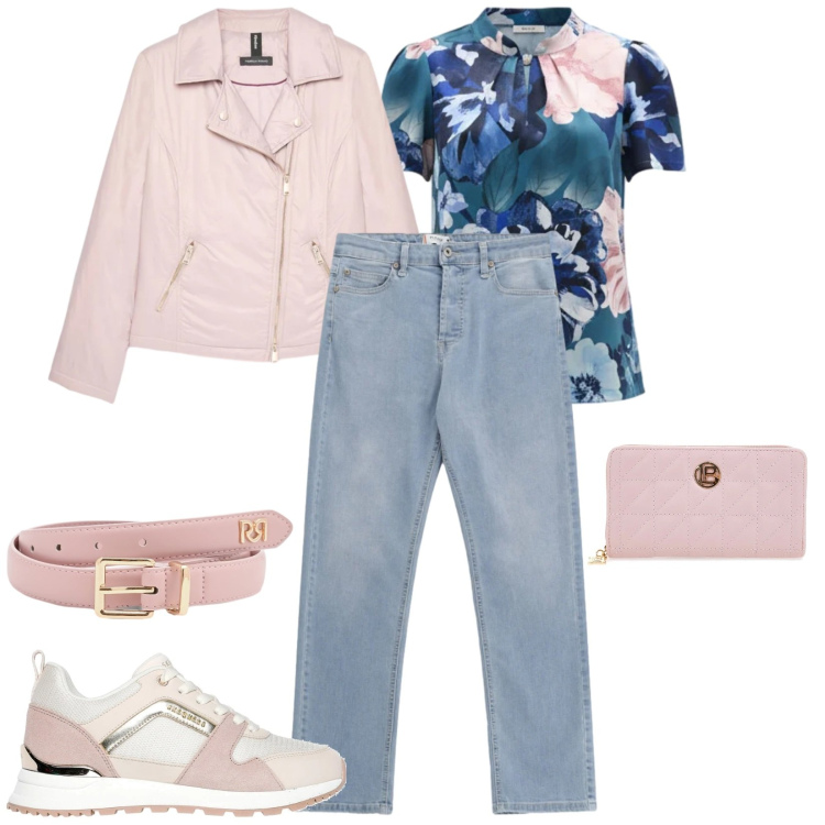 Outfit donna - Weekend. Stile Trendy per Tutti i giorni. Abbinamento con piumini, cinture, bluse, jeans, sneakers, portafogli.
