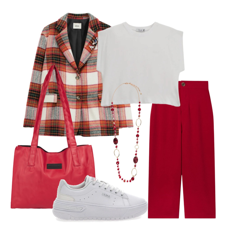Outfit donna - Aprile. Stile Trendy per Tutti i giorni. Abbinamento con collane, blazer, top, shopping bag, pantaloni a palazzo, sneakers.