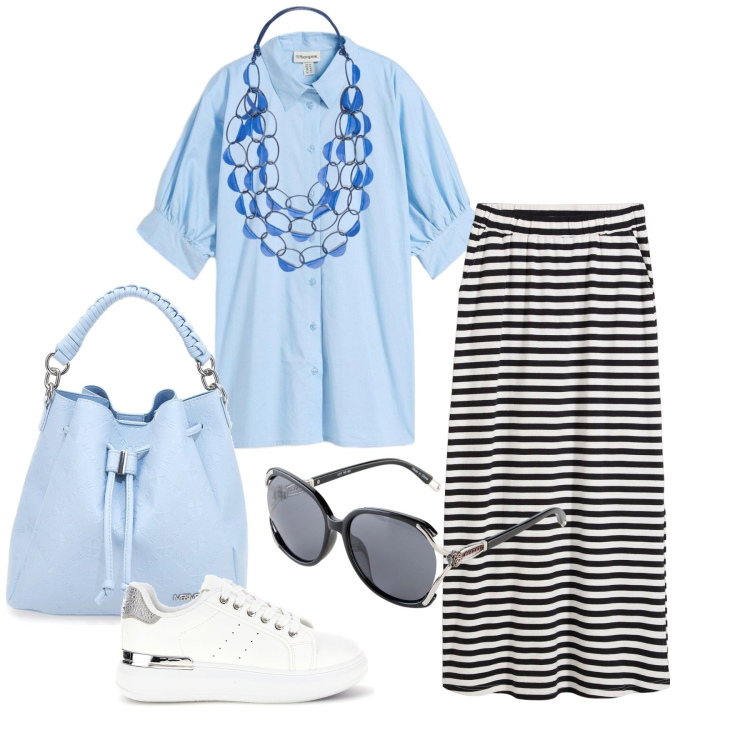 Outfit donna - Aprile. Stile Trendy per Tutti i giorni. Abbinamento con gonne lunghe, camicie, occhiali da sole, collane, borse a secchiello, sneakers.