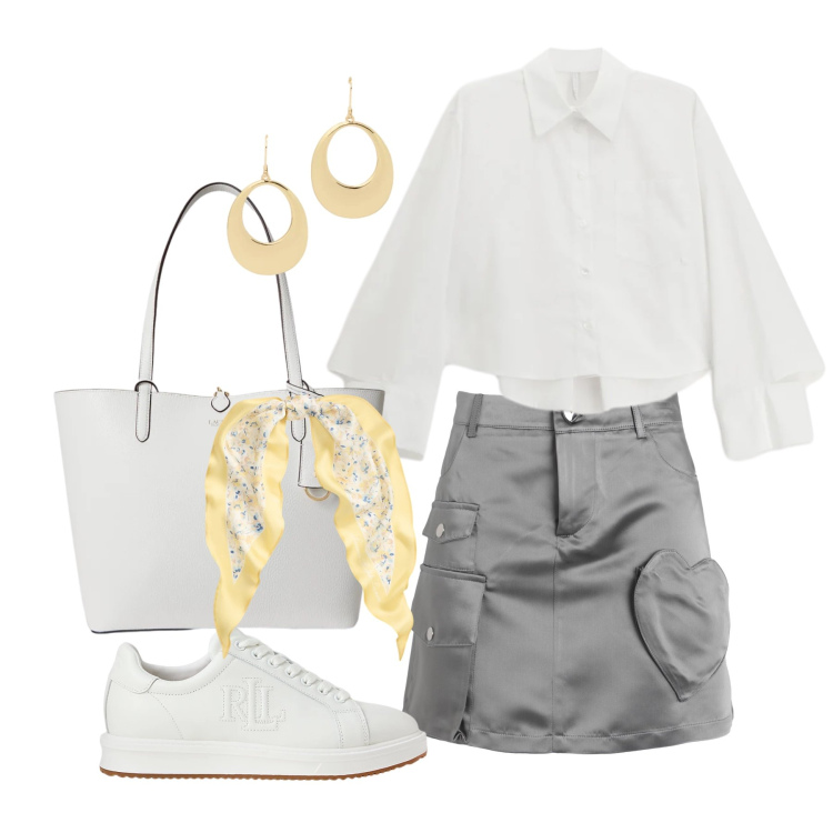 Outfit donna - Aprile. Stile Trendy per Tutti i giorni. Abbinamento con minigonne, camicie, sneakers, orecchini, foulard, borse tote.