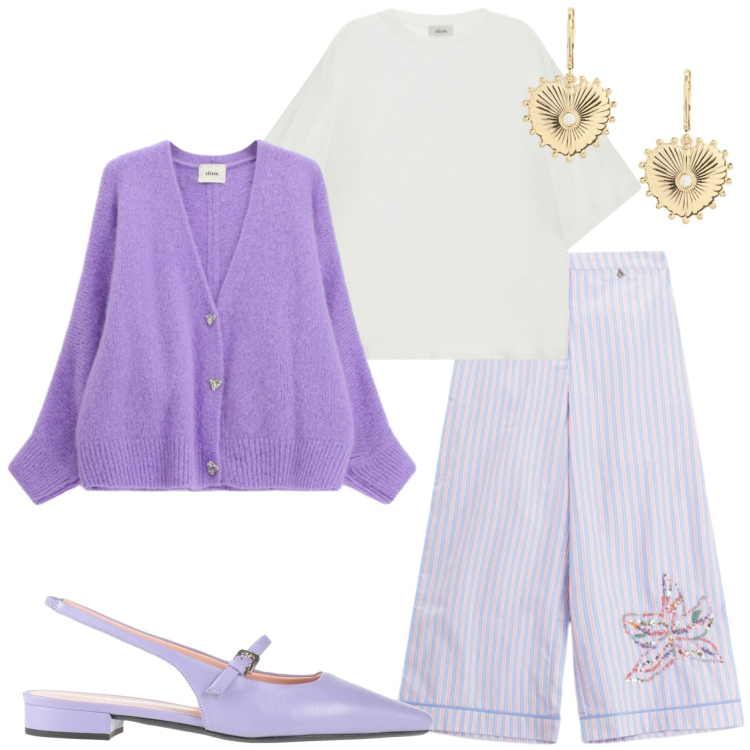Outfit donna - Colori che illuminano. Stile Casual chic per Tutti i giorni. Abbinamento con ballerine, cardigans, pantaloni a palazzo, t-shirt, orecchini.