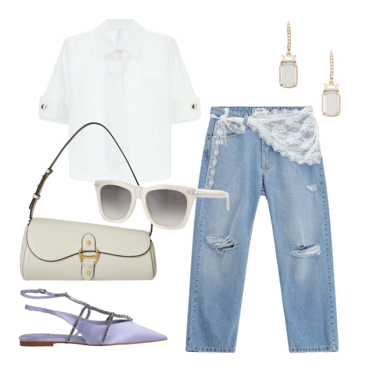 Outfit donna - Aprile. Stile Trendy per Tutti i giorni. Abbinamento con ballerine, camicie, jeans strappati, occhiali da sole, borse a spalla, orecchini.