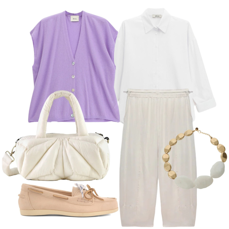 Outfit donna - Aprile. Stile Casual chic per Tutti i giorni. Abbinamento con pantaloni, camicie, gilet, collane, borse a mano, mocassini.