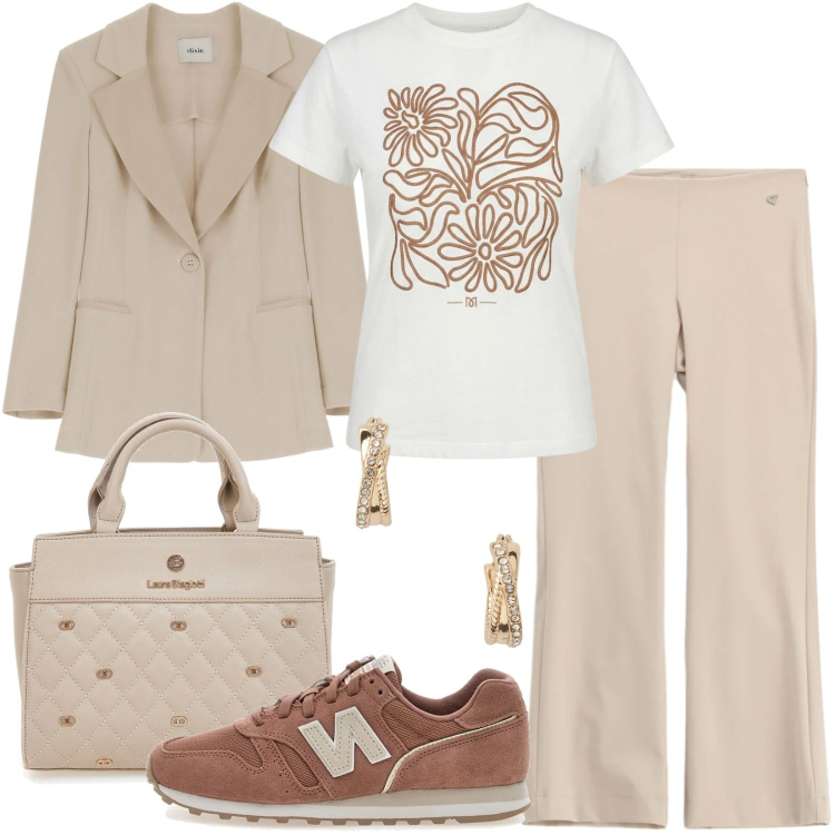 Outfit donna - In ufficio con blazer e sneakers. Stile Sporty chic per Ufficio. Abbinamento con t-shirt, pantaloni, blazer, orecchini, sneakers, borse a mano.