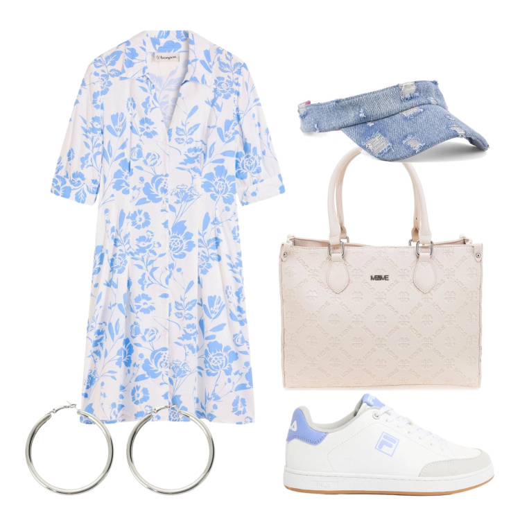 Outfit donna - Aprile. Stile Trendy per Tutti i giorni. Abbinamento con vestiti, sneakers, orecchini, cappelli con visiera, borse a tracolla.