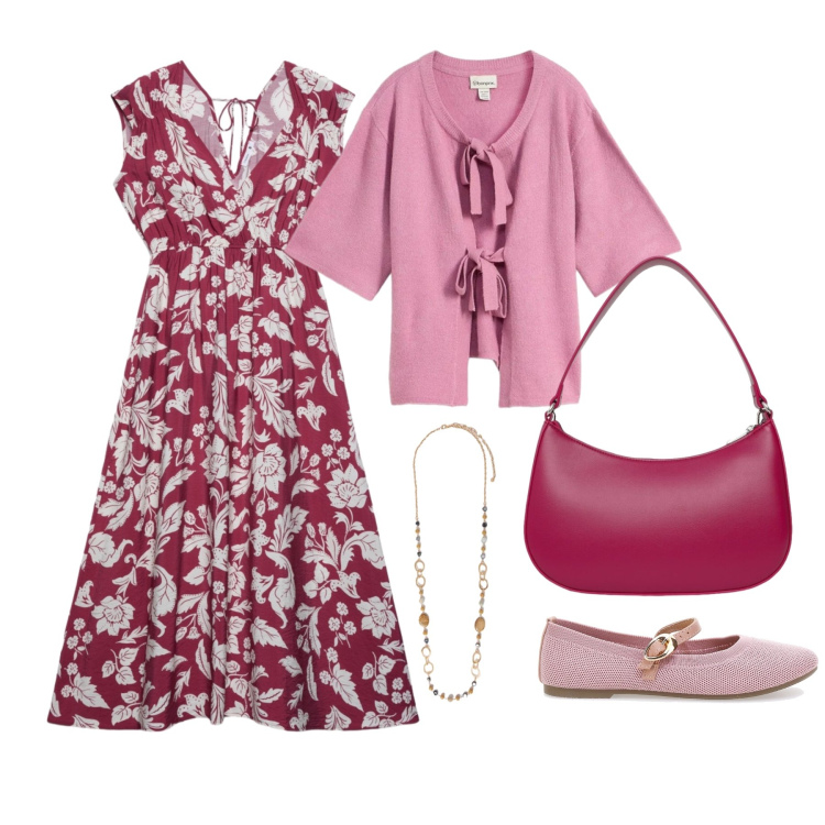 Outfit donna - Aprile. Stile Romantica per Tutti i giorni. Abbinamento con cardigans, collane, ballerine, borse a tracolla, vestiti midi/longuette.
