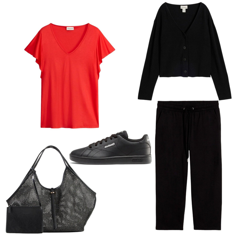 Outfit donna - Shopping. Stile Basic per Tutti i giorni. Abbinamento con maglione con perle e scollo nero, shopping bag, pantaloni, cardigans, sneakers.