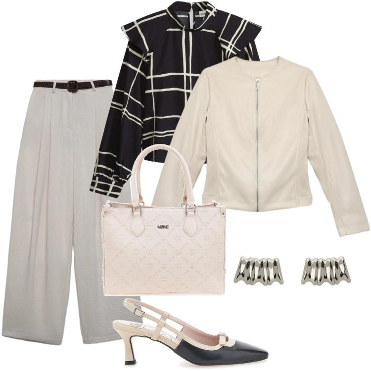 Outfit donna - Total look #2376239. Stile Casual chic per Ufficio. Abbinamento con bluse, orecchini, décolleté, giacche, borse a tracolla, pantaloni.
