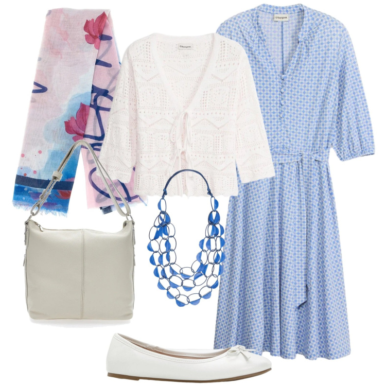 Outfit donna - Curve in azzurro. Stile Casual chic per Ufficio. Abbinamento con ballerine, cardigans, vestiti, collane, borse a spalla, foulard.