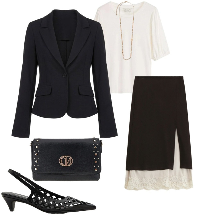 Outfit donna - Gonna midi. Stile Chic per Cerimonia. Abbinamento con décolleté, bluse, collane, blazer, gonne longuette, borse a tracolla.