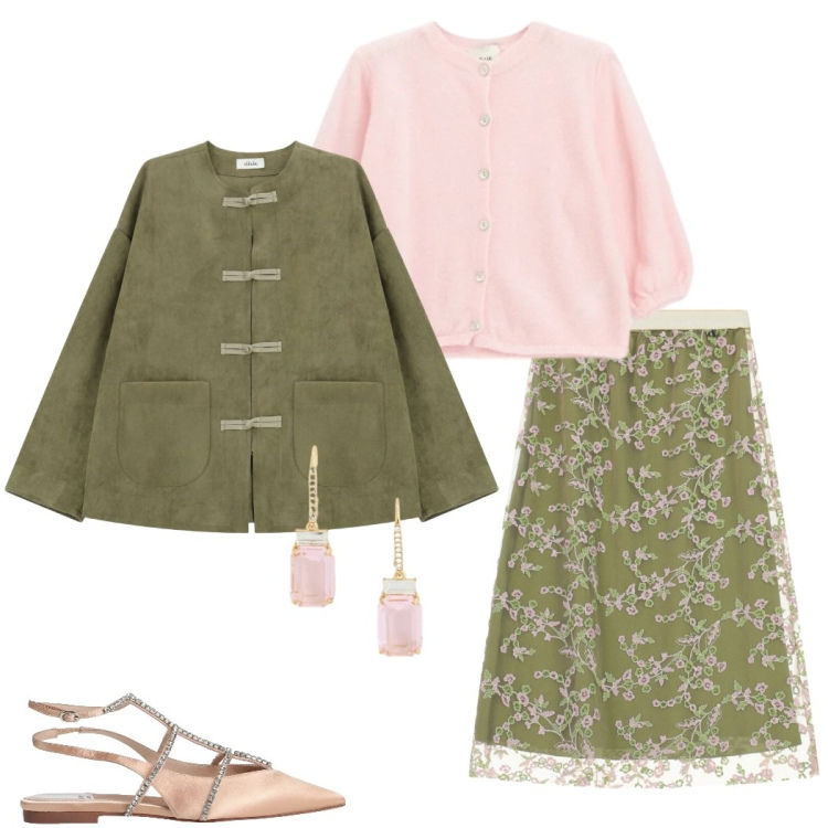 Outfit donna - Gonna midi. Stile Casual chic per Serata fuori. Abbinamento con ballerine, cardigans, blazer, gonne longuette, orecchini.