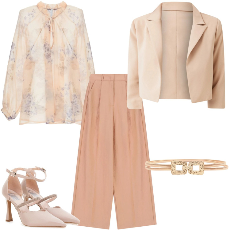 Outfit donna - Giorno di festa. Stile Casual chic per Serata fuori. Abbinamento con bluse, blazer, cinture, pantaloni a palazzo, décolleté.