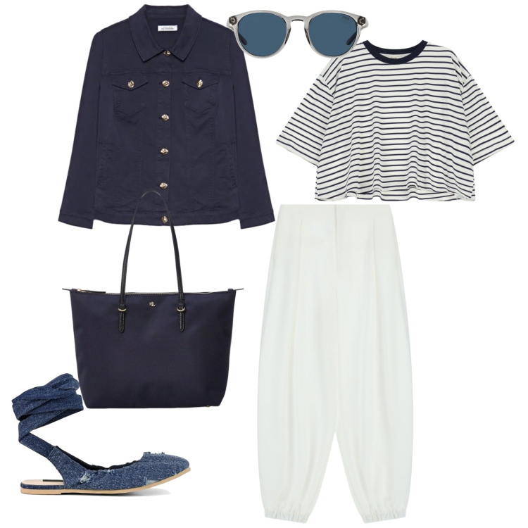 Outfit donna - Passeggiata al mare. per Mare. Abbinamento con blazer, pantaloni a palazzo, t-shirt, occhiali da sole, borse tote, ballerine.