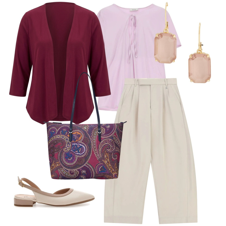Outfit donna - In centro. per Tutti i giorni. Abbinamento con kimono, pantaloni a palazzo, top, borse tote, orecchini, ballerine.