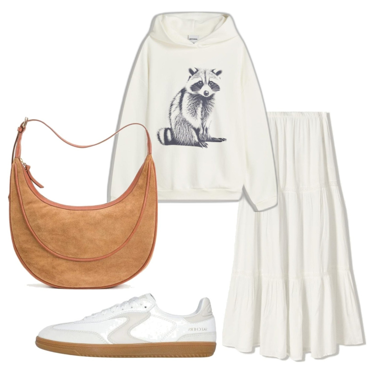 Outfit mujer - Casual look. Estilo Casual para Todos los días. Combinación con bolsos de mano, sneakers, falda longuette, sudaderas con capucha.