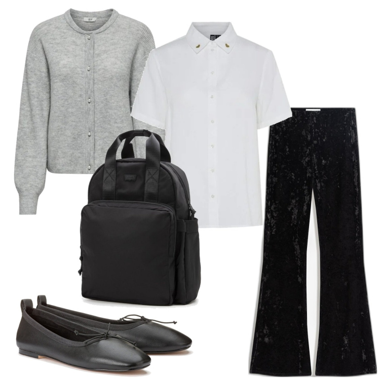 Outfit mujer - Urban look. Estilo Urban para Todos los días. Combinación con mochilas, camisas de manga corta, bailarinas, blazers, pantalones.