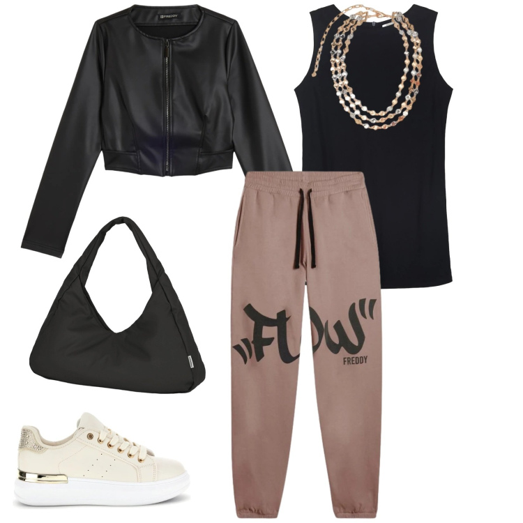 Outfit donna - Di giorno. per Tutti i giorni. Abbinamento con collane, giacche, pantaloni, borse a spalla, top, sneakers.