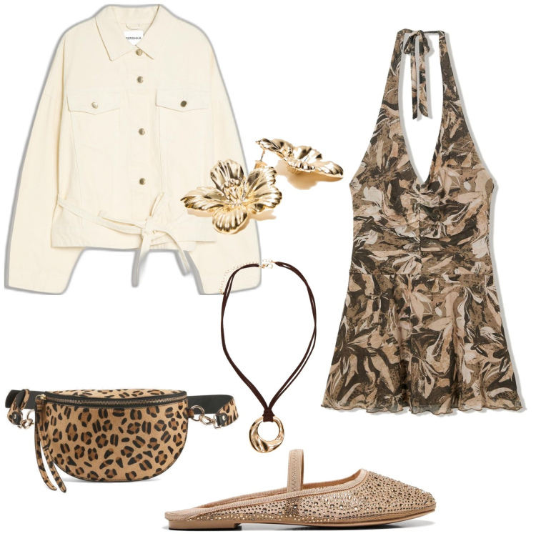 Outfit mujer - Casual chic. Estilo Casual chic para Todos los días. Combinación con vestidos cortos, riñoneras, bailarinas, blazers, colgantes, pendientes.