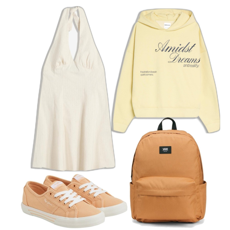 Outfit mujer - Casual look. Estilo Casual para Todos los días. Combinación con mochilas, sneakers, sudaderas con capucha, vestidos cortos.