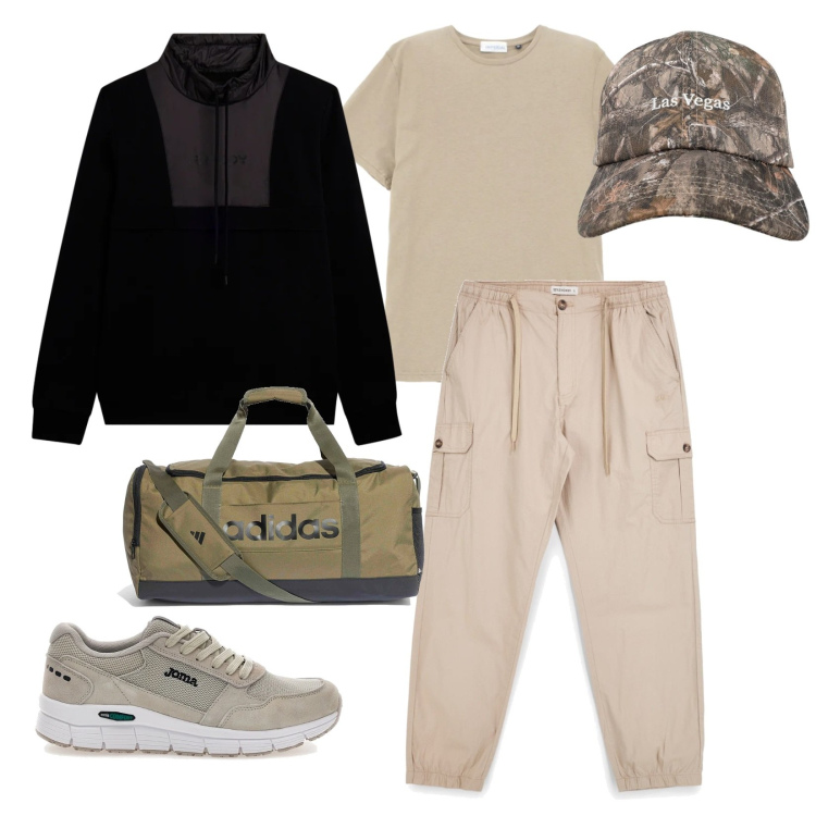 Outfit uomo - Escursione in pineta. per Sport. Abbinamento con t-shirt, felpe, borse sportive, cappelli con visiera, pantaloni cargo, sneakers.