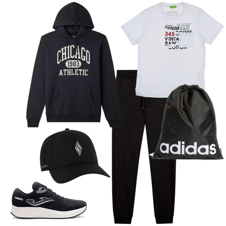 Outfit uomo - Panino e coca-cola. per Mare. Abbinamento con pantaloni, t-shirt, cappelli con visiera, zaini, felpe con cappuccio, sneakers.