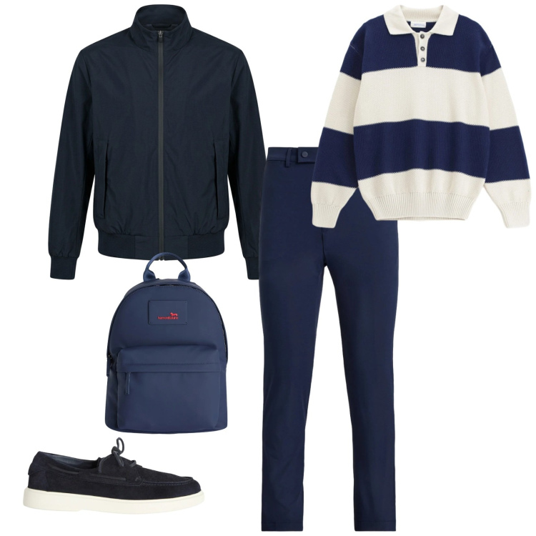 Outfit uomo - Gita in barca. per Mare. Abbinamento con scarpe stringate, borse sportive, maglieria, giacche, pantaloni.