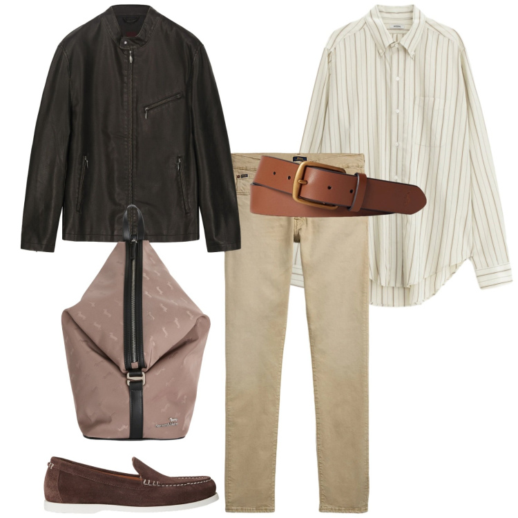 Outfit uomo - Camicia senza cravatta. per Ufficio. Abbinamento con borse sportive, camicie, cinture, jeans, scarpe stringate, giacche.