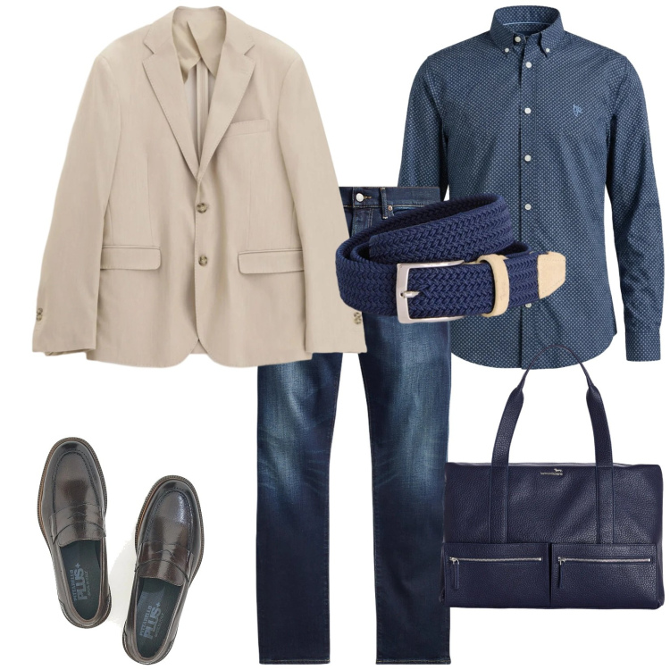 Outfit uomo - Partenza. per Tutti i giorni. Abbinamento con cinture, borse sportive, camicie, giacche, jeans, scarpe stringate.