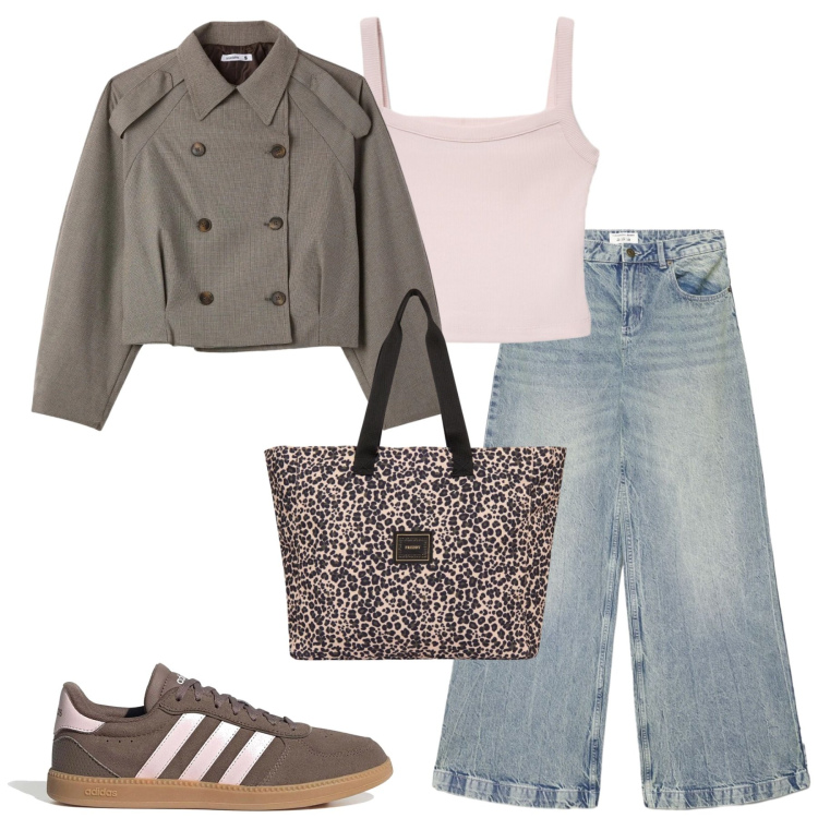 Outfit donna - Aprile. Stile Casual chic per Tutti i giorni. Abbinamento con shopping bag, canottiere, jeans, caban, sneakers.