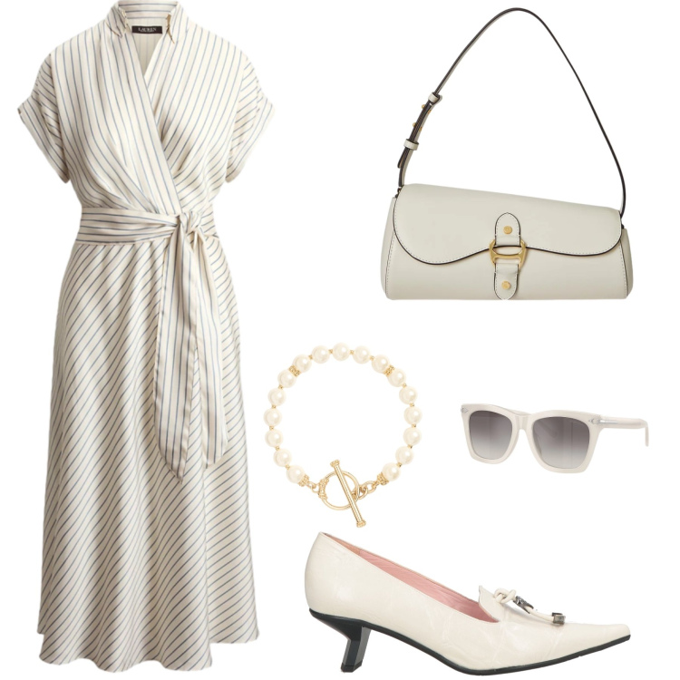 Outfit donna - Righe di Primavera. Stile Bon Ton per Tutti i giorni. Abbinamento con décolleté, occhiali da sole, borse a spalla, braccialetti, vestiti midi/longuette.