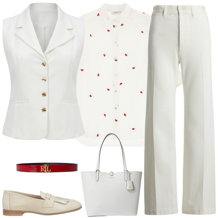 Outfit donna - Accenti Rubino. Stile Preppy per Ufficio. Abbinamento con mocassini, gilet, camicie, pantaloni, cinture, borse tote.