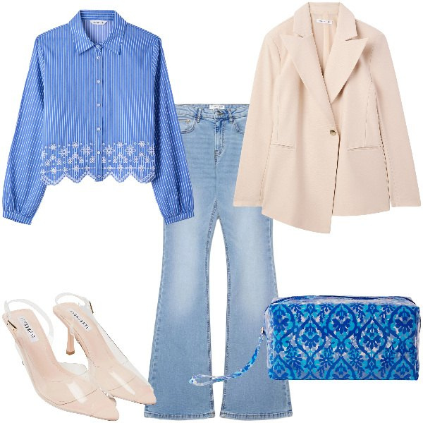 Outfit donna - Total look #2376300. Abbinamento con blazer, camicie, valigie, sandali col tacco, jeans a zampa.