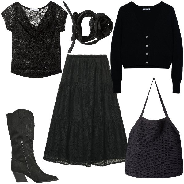 Outfit donna - Total look #2376302. Abbinamento con gonne lunghe, t-shirt, shopping bag, collane, stivali, cardigans.