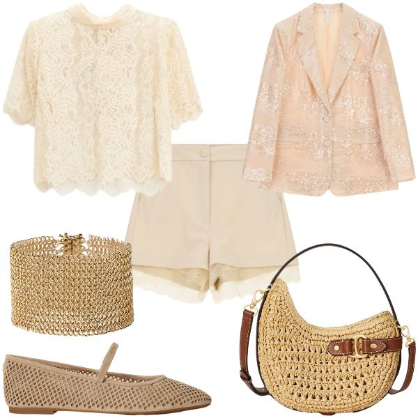 Outfit donna - Total look #2376306. Stile Romantica per Cerimonia. Abbinamento con top, blazer, shorts, braccialetti, borse a tracolla, ballerine.