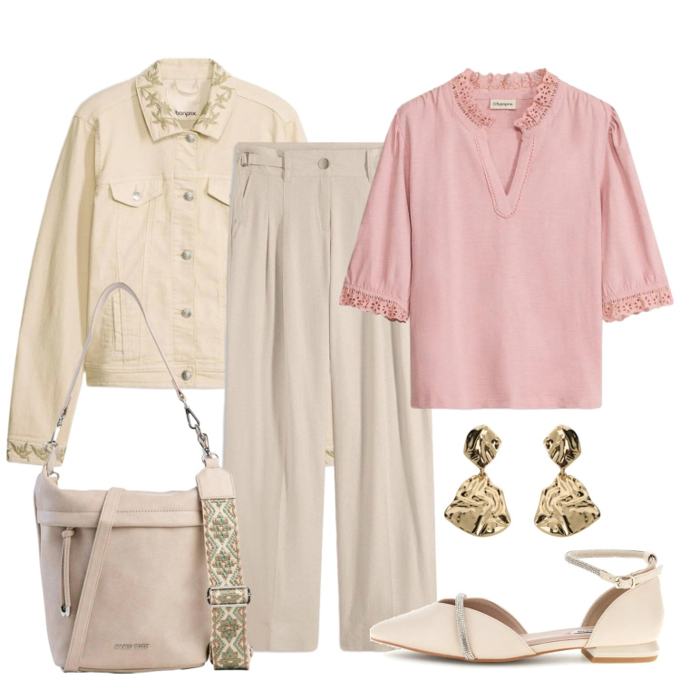 Outfit donna - Delicati dettagli. Stile Casual chic per Tutti i giorni. Abbinamento con pantaloni a palazzo, borse a tracolla, cappotti, bluse, orecchini, sandali.