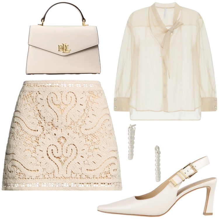 Outfit donna - Trasparenze di Luce. Stile Romantica per Serata fuori. Abbinamento con décolleté, minigonne, camicie, orecchini, borse a mano.