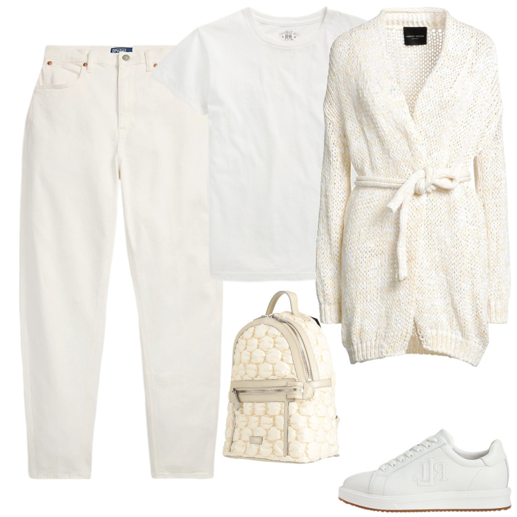 Outfit donna - Morbidezza Quotidiana. Stile Casual chic per Scuola/Università. Abbinamento con zaini, cardigans, sneakers, jeans, t-shirt.