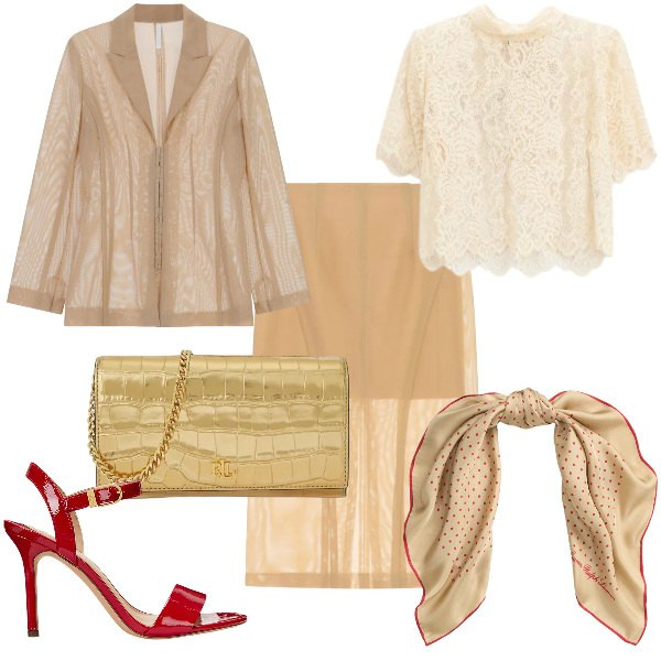 Outfit donna - Total look #2376315. Stile Sexy per Serata fuori. Abbinamento con top, blazer, gonne longuette, sandali col tacco, borse a tracolla, foulard.