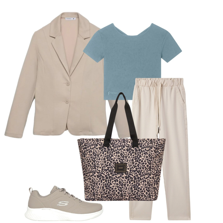 Outfit donna - Total look #2376320. Stile Casual chic per Tutti i giorni. Abbinamento con t-shirt, shopping bag, pantaloni, sneakers, blazer.