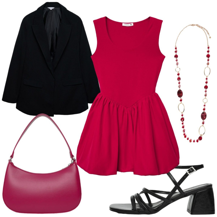 Outfit donna - Curve in movimento - cerimonia. Stile Trendy per Cerimonia. Abbinamento con collane, vestiti corti, borse a tracolla, sandali col tacco, blazer.