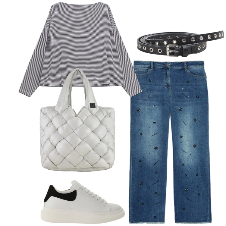 Outfit donna - Total look #2376322. Stile Casual per Tutti i giorni. Abbinamento con jeans dritti, sneakers, t-shirt, borse tote, cinture.