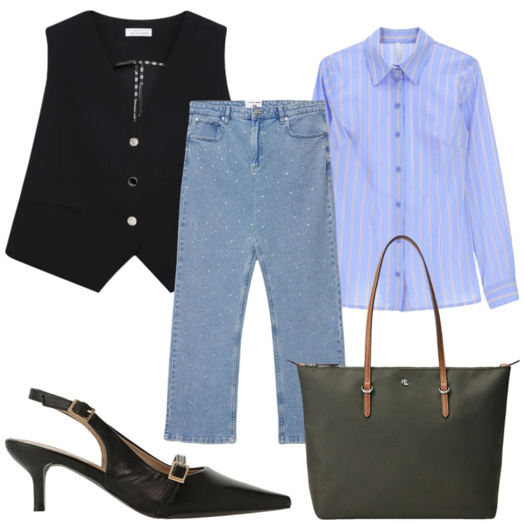 Outfit donna - Curve in movimento - casual chic. Stile Casual chic per Tutti i giorni. Abbinamento con gilet, sandali col tacco, camicie, borse tote, jeans dritti.