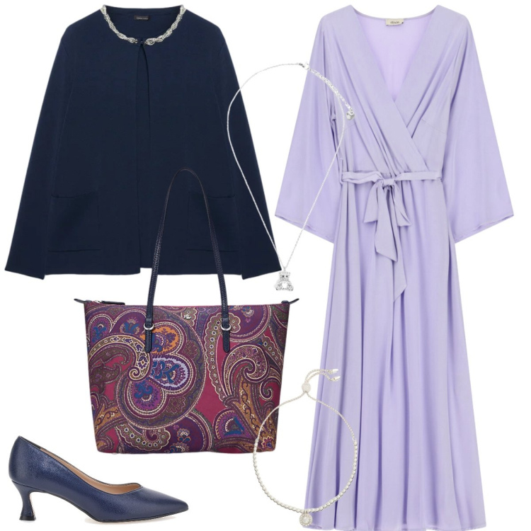 Outfit donna - Lilla. Stile Minimal per Tutti i giorni. Abbinamento con cardigans, vestiti midi/longuette, ciondoli, borse tote, braccialetti, décolleté.