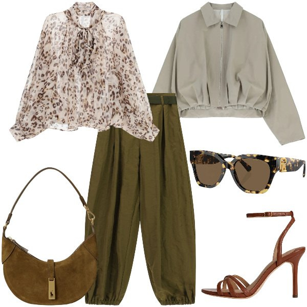 Outfit donna - Total look #2376326. Stile Military per Serata fuori. Abbinamento con bomber, camicie, pantaloni, occhiali da sole, borse a spalla, sandali in pelle.